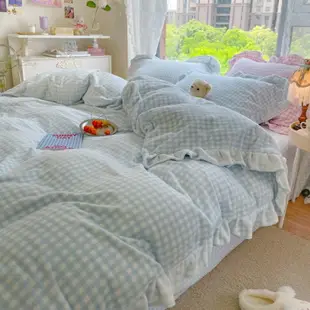 INS韓版荷葉邊加厚牛奶絨床包 法蘭絨床單 床罩組 床包四件組 奶油復古單人床包 雙人床包 加大床包 床組