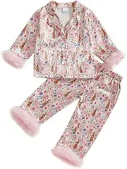 [Geagodelia] Kids Toddler Girls Silky Satin Easter Pyjamas Set with Feather Trim Long Sleeve Button Down Tops and Bottoms Easter Egg Pajamas Sets Matching Babies Easter Pjs