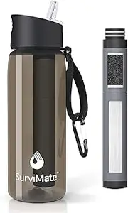 SurviMate Filtered Water Bottle BPA Free with 4-Stage Intergrated Filter Straw for Camping, Hiking, Backpacking and Travel