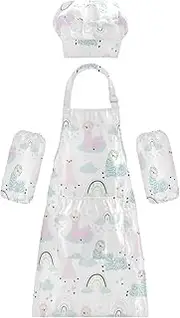AIXIWAWA Kids Apron Chef Hat Set, Child Kitchen Bib Aprons Adjustable for Cooking Baking Painting (Clouds Llama)