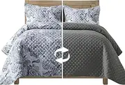 Elegant Comfort 3-Piece Boho Quilted Reversible Floral Paisley Bedspread Coverlet Set with Pillow Shams, Premium Stitching All Season Heavy Weight-Ultra Soft Luxury Quilt- California King, Gray