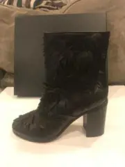 CHANEL 18C Leather Fringe Leaf Detail Ankle Boots Bootie Heels Shoes Black $2275