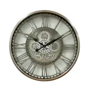 Round Industrial Silver Wash Iron Moving Gears Wall Clock 70cm