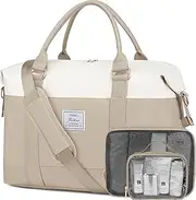 [JEEHAN] Travel Duffle Bag Women,Weekender Bag with Clear Toiletry Bag, Carry on Overnight Bag with Shoe Bag,Hospital Bags for Labor Delivery with Packing Cube, Khaki -Linen -Beige