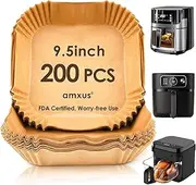 amxus 200PCS Air Fryer Paper Liners, 9.5 Inch Square Air Fryer Disposable Paper Liners, Non-Stick, Oil-Proof, Food Grade Paper Liner for Baking Roasting Microwave