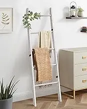 White Blanket Ladder, 5 Tier Blanket Holder Wooden, 63Inch Tall Blanket, Quilt, Towel, Scarf Rack, Rustic Farmhouse Decorative Ladder Shelf Against Wall, for Living Room Bedroom Bathroom Home Decor