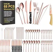 68 Pieces Rose Gold Silverware Set with Steak Knife for 12, Stainless Steel Flatware Cutlery Set, Tableware Knives, Forks, Spoons, Home Kitchen Serving Utensil Set, Mirror Polished