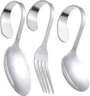 HEALLILY 3Pcs Stainless Steel Serving Spoons and Fork Set Curved Handle Design for Seafood and Buffet Heavy Duty Silverware Utensils for Restaurants and Home Use