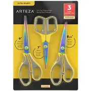 Arteza Ultra-Sharp Fabric Scissors | Iridescent Blade | Set of 3 Assorted Sizes