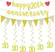 Happy 20th Anniversary Letter Banner bunting Triangle Banner Flag Hanging Swirls Streamers For 20th Birthday Anniversary 20th Wedding Anniversary 20th Graduation Party bunting Decoration