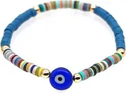 [COLORFUL BLING] Soft Sliced Clay Surfer Evil Eye Lucky Amulet Polymer Beads Colourful Strand Stretch Elastic Bracelet African Beaded for Women Girls Boho Lightweight Surf Stackable Rainbow