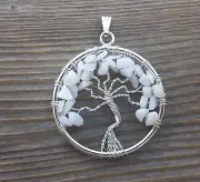 NATURAL WHITE AGATE TREE OF LIFE WIRE WRAPPED PENDANT STONE GEMSTONE