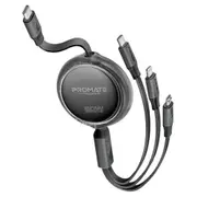 Promate 60W PD - 480Mbps USB-C Multi-Connector Cable - 1.1m - Black Retractable - USB-C to USB-C / Lightning / Micro-USB - 27W PD Lightning - 10W Micro-USB - Data & Charge [TRIOCORD-R.BLK]