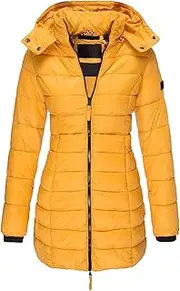 [JEShifangjiusu] Women Pure Color Zip Full Long Down Jacket Thickening Long Padded Coat With Removable Hood Warm Down Jacket, Yellow, M