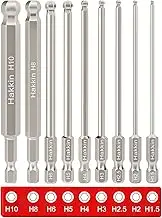 Hakkin Pack of 9 100 mm Ball Head Screwdriver 1/4 Inch Hex Shank Ball End Hex Bit Sets S2 Alloy Steel 1.5/2/2.5/3/4/5/6/8/10 mm Hex Magnetic Hex Socket Power Tools