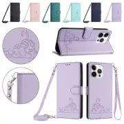 For iPhone 16 15 14 13 12 11 Pro Max XR 8 Leather Wallet Flip Case Cover w Strap