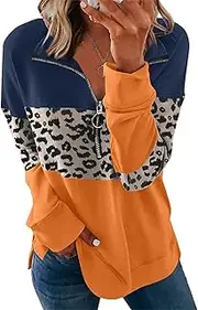 [Generic] Women'S Loose Quarter Zip Pullover Tops Casual Long Sleeve Zipper Pullover Sweatshirt Side Split Color Block Sweater