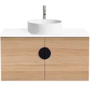 CIBO 900mm Oak Mornington Wall Hung Vanity With White Basin And Black Handles