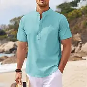 Men's Shirt Popover Shirt Summer Shirt Casual Shirt Beach Shirt Button Up Shirt Black White Pink Navy Blue Blue Short Sleeve Solid / Plain Color Band Collar He
