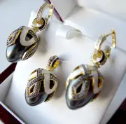 SALE ! SUPERB ENAMEL EGG PENDANT & EARRINGS SET STERLING SILVER 925 GRAY PEARL