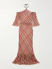 [BODE] BODE - Landis Ruffled Checked Crepe De Chine Halterneck Maxi Dress - Red - US2 US 2 Red