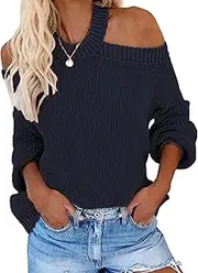 [Generic] Ladies Cold Shoulder Sweater Ribbed Knitwear Casual Loose Fit Pullover