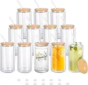 YOUKE OLA 12 Pack Pre Drilled Beer Glass Cups Can Shaped Blank Double Wall Glass Cans with Rubber Stopper Bamboo Lid & Straws for Snow Globe Glitter DIY 12oz