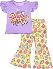 [BomDeals] Happy Easter Outfit for Toddler Girl - Cute Bunny Top Flutter Sleeve Shirts Colorful Rabbit Flare Pants Clothes Set