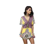 Women'S Deep V-Neck Bohemian Floral Print Beach Dress - Yellow