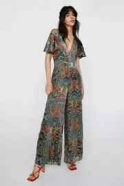 Nasty Gal Women's Paisley Devore Angel Sleeve Jumpsuit Sz 0 US NWT $158
