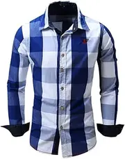 [ROBO] Mens Long Sleeve Plaid Shirt Leisure Stylish Slim Fit Lapel Check Tops