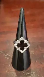 Silver Tone "Fits Van Cleef Style" Clover Black Enamel w/Crystals Ring Sz 6