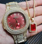 Luxury Hip Hop Iced Lab Diamond Red Dial Watch & Red Ruby Necklace Combo Set