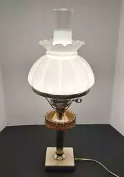 Vintage 1950s Amber Coin Dot Table Lamp w/ Milk Glass Globe & Marble Base