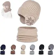 [HOBIVA] Children's Winter Fleece Scarf Suit,Kids Winter Warm Knit Beanie Cap with Fleece Linin Scarf Set (Beige,OneSize)