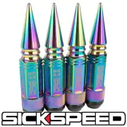SICKSPEED 4 PC NEO CHROME SPIKED ALUMINUM EXTENDED 108MM 3 PC LUG NUTS 14X1.5