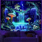 Blacklight Tapestry UV Reactive Glow in the Dark Glow Party Neon Mushrooms Psychedelic Trippy Misty Hanging Tapestry Wall Art Mural for Living Room Bedroom