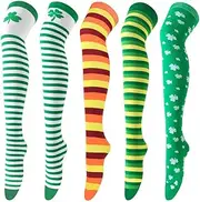 [Generic] 5 Pairs St. Patrick Day Socks Shamrock Socks Irish Green and White Striped Knee Thigh High Socks for Women Men Costume Party Gifts
