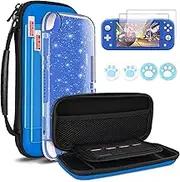 DLseego Carrying Case for Nintendo Switch Lite, Newest Design Portable Travel Carrying Case 4 in 1 Accessories Kit with 1 Pcs Glitter Case, 2 Pcs Screen Protectors and 4 Pcs Thumb Grips Caps - Blue