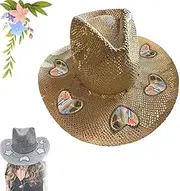 [Generic] Flairgifts Suncatcher Cowgirl Straw Prism Hat, Moon and Stars Refraction Rainbow Hat, Wide Brim Cap Stylish Western