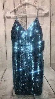 NWT! AidanMattox Teal/Purple Flip Sequin Cocktail Spagh Strap Silhouet Dress Sz2