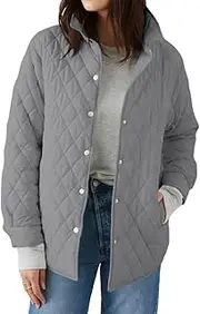 [Grlasen] Women's Lightweight Quilted Jacket Stand Collar Single-breasted Long Sleeve Warm Oversized Coat with Pockets