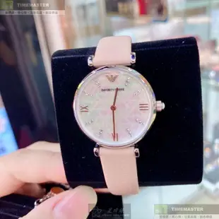ARMANI阿曼尼精品錶,編號：AR00041,32mm圓形銀精鋼錶殼白色貝母錶盤真皮皮革粉紅錶帶