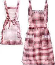 JJYHEHOT Women Classic Vintage Apron, Red and White Gingham Cotton Apron, Home Kitchen Chef Bib, Red