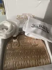 Von Dutch NIB Women's ROSE GOLD MIRROR LOGO Small Bowling Bag w/dustbag & strap