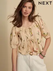 Natural Floral Print Tie Front Puff Short Sleeve Top (AH5471) | $45