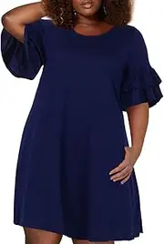 [Nemidor] Women's Ruffle Sleeve Jersey Knit Plus Size Casual Swing Dress with Pocket (28, Navy)