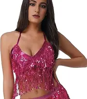 [Wuchieal] Women's Belly Dance Costume Sequin Bra Tassel Top with Chest Party Club Wear Bra Top