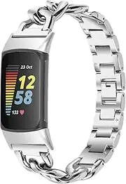 TenCloud Bands Compatible with Fitbit Charge 6/Charge 5 Band Metal Adjustable Cowboy Chain Replacement Bands Dressy Bracelet Charge 6 Straps Accessories for Women Men