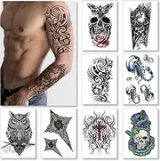 Temporary Tattoos For Men Guys Boys & Teens - Fake Half Arm Tattoos Sleeves For Arms Shoulders Chest Back Legs Cross Skull Owl Clock Scorpion Rose Realistic Waterproof Transfers 8 Sheets 8x6"
